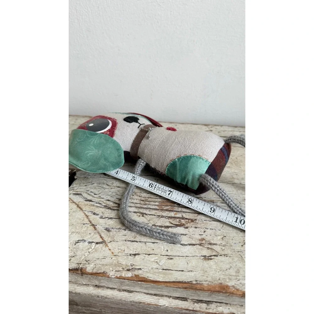 Pinky Swear Handmade Patchwork Dog Plush Art Doll Linen Plaid Floral 11in